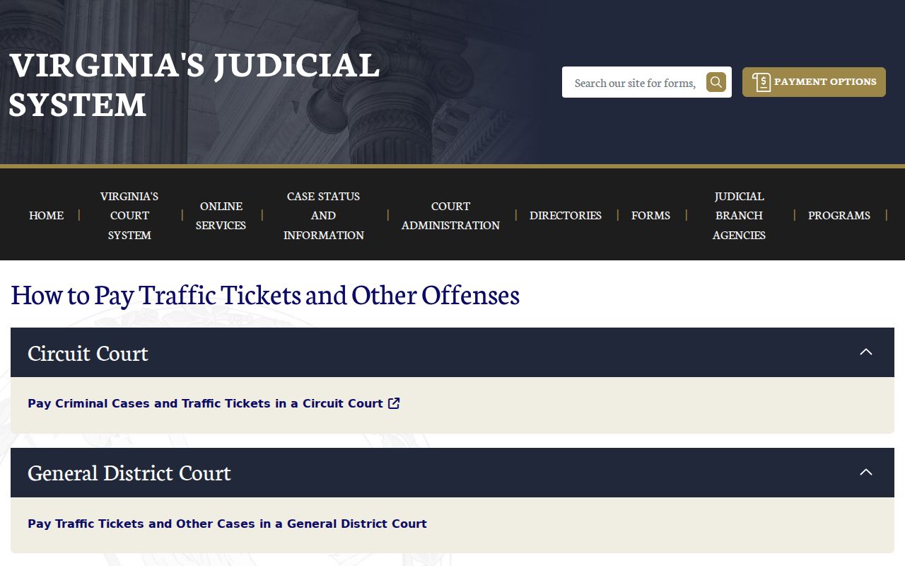 Virginia Courts official traffic ticket and court offense payment landing page