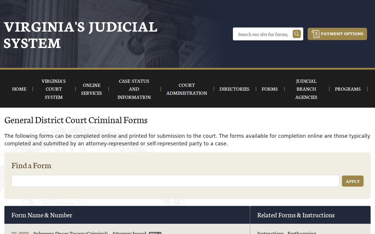 Virginia district court criminal forms index listing capias and recall forms