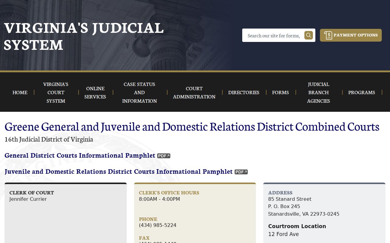Greene combined court page with clerk, court location, and schedule information