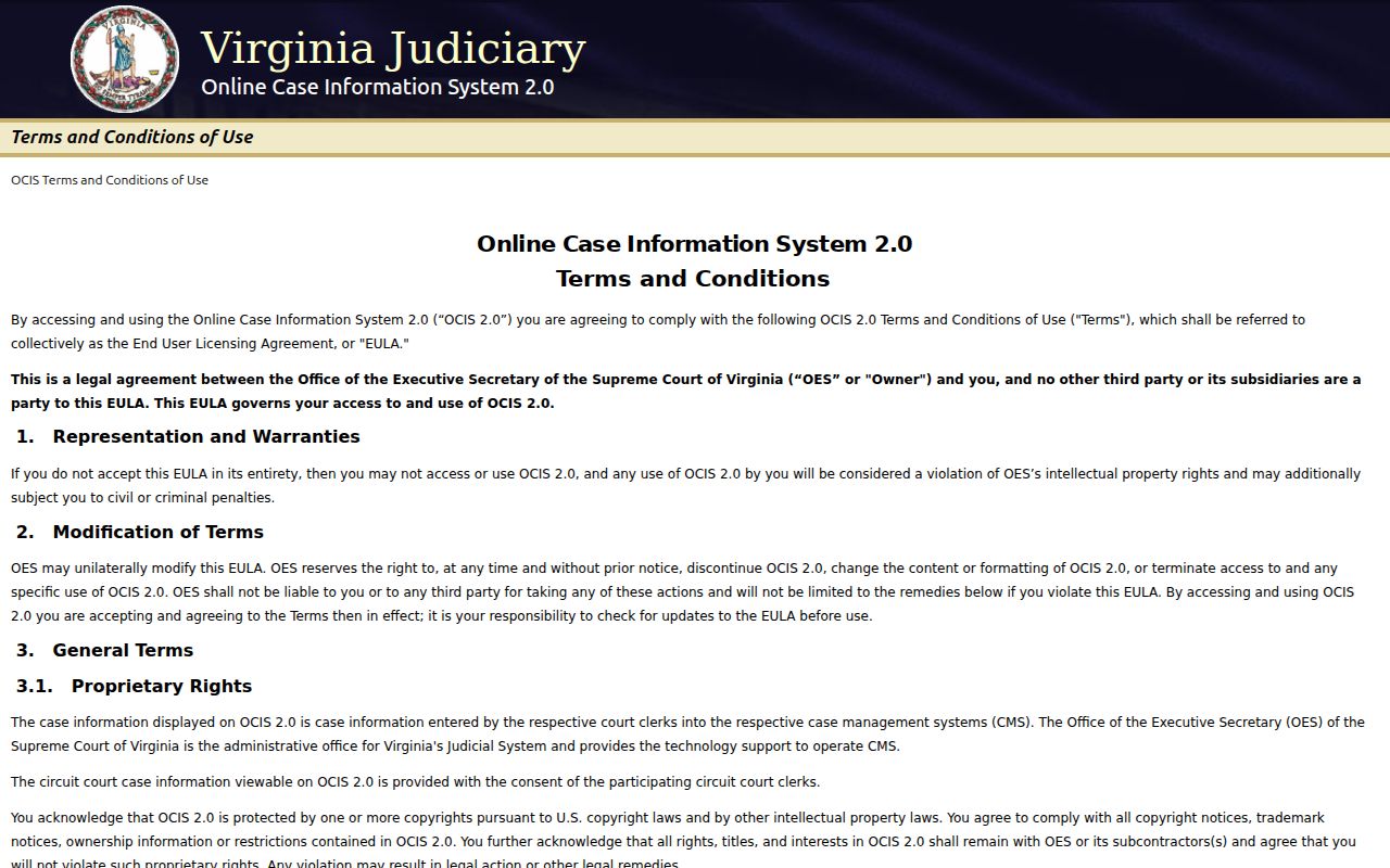 Virginia OCIS search controls for case information